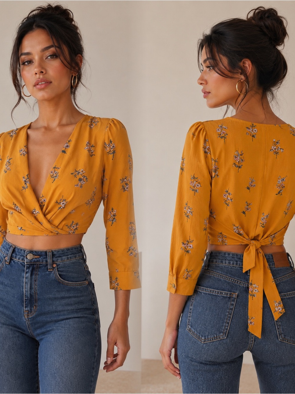 Sweet Wanderer Mustard Floral Wrap Crop Top